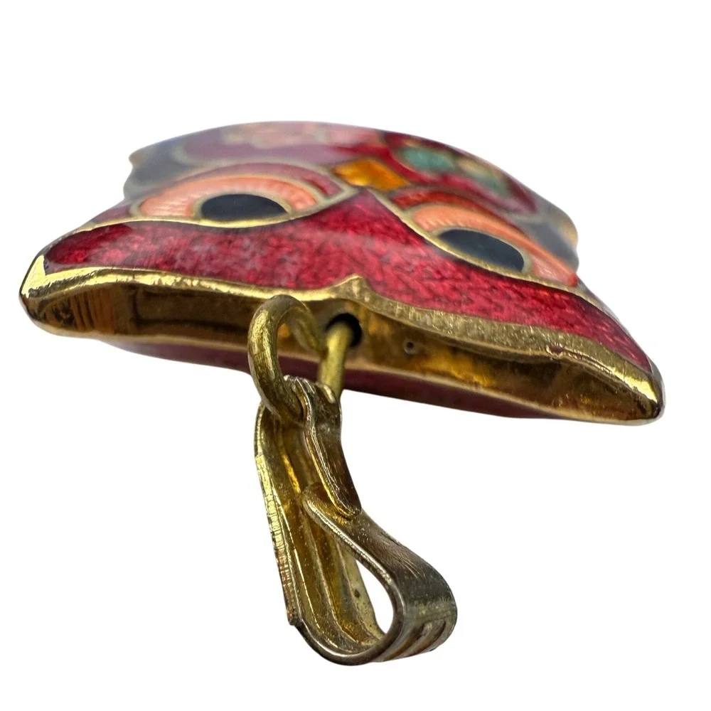 Vintage Cloisonne Owl Pendant Vintage Enamel Gold‎ Tone Necklace Charm Statement